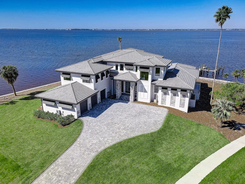 Elevated exterior view of a coastal-style home